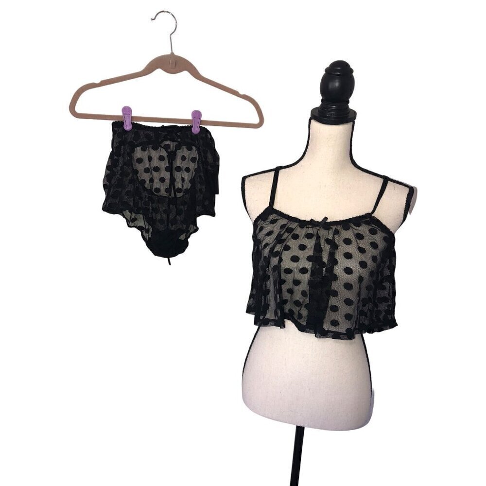 Whimsigoth Black Sheer Dobby Dot Babydoll Cami High Rise Panty Set Size S/M New